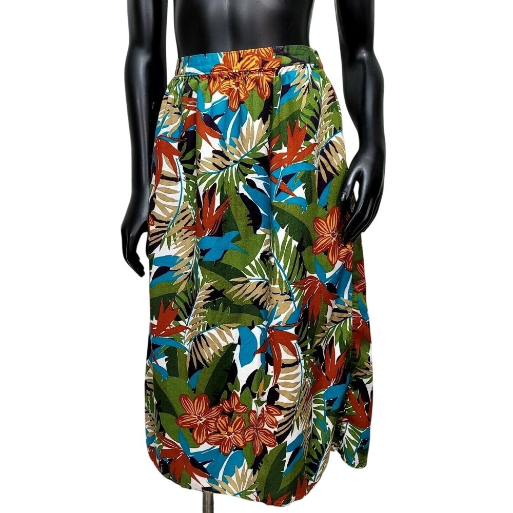 Vintage Notations Tropical Floral Midi Skirt Green Palm Hibiscus Made in USA